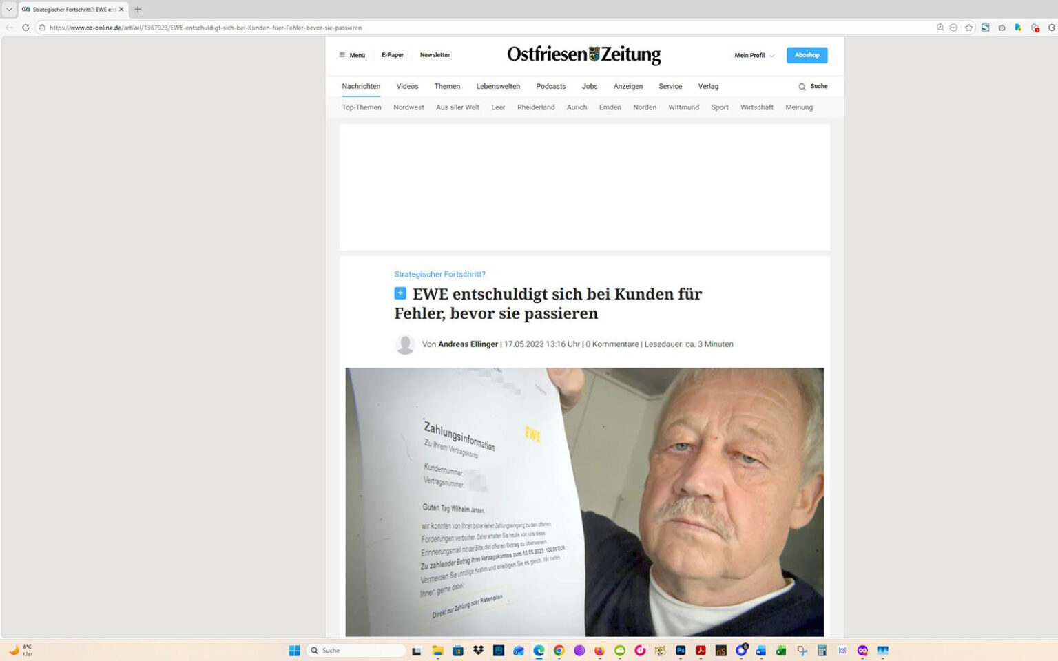 Der Artikel auf der Homepage der Ostfriesen-Zeitung. Screenshot: ewe-recherche.de