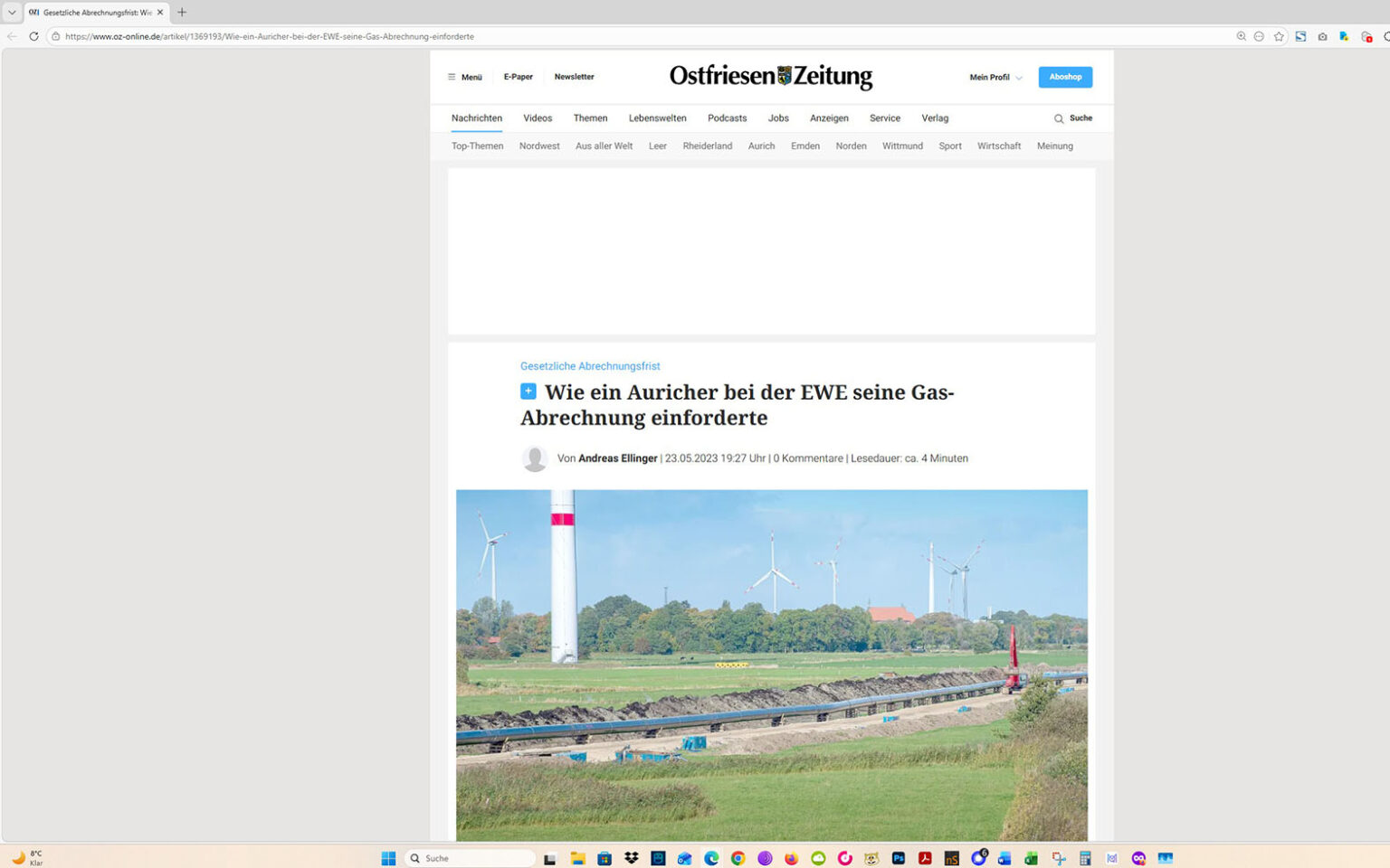 Der Artikel auf der Homepage der Ostfriesen-Zeitung. Screenshot: ewe-recherche.de