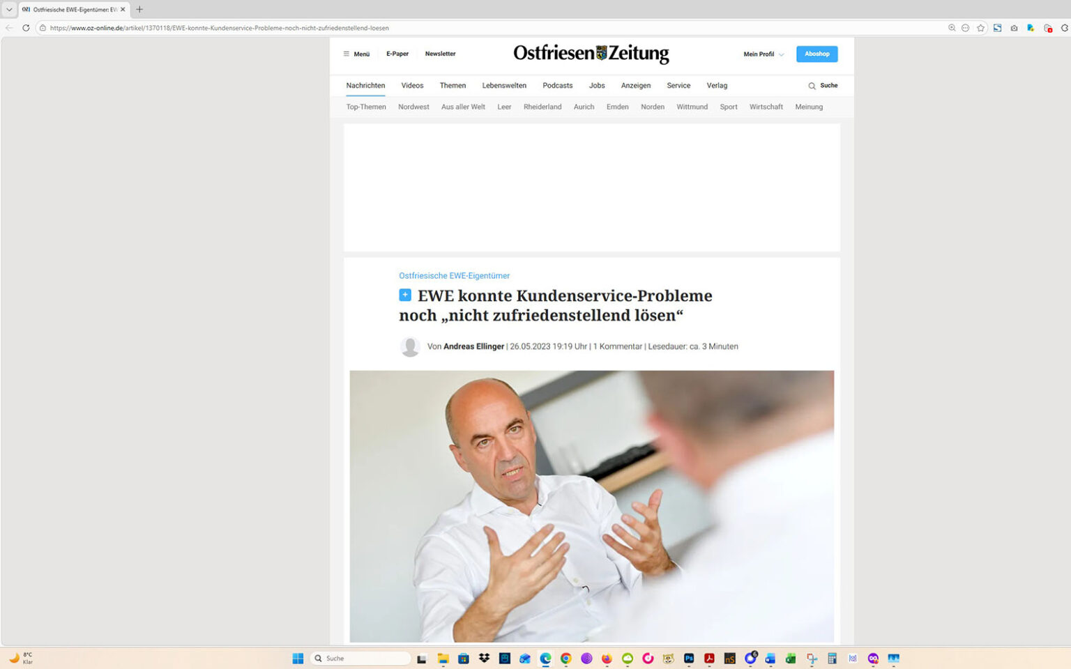 Der Artikel auf der Homepage der Ostfriesen-Zeitung. Screenshot: ewe-recherche.de