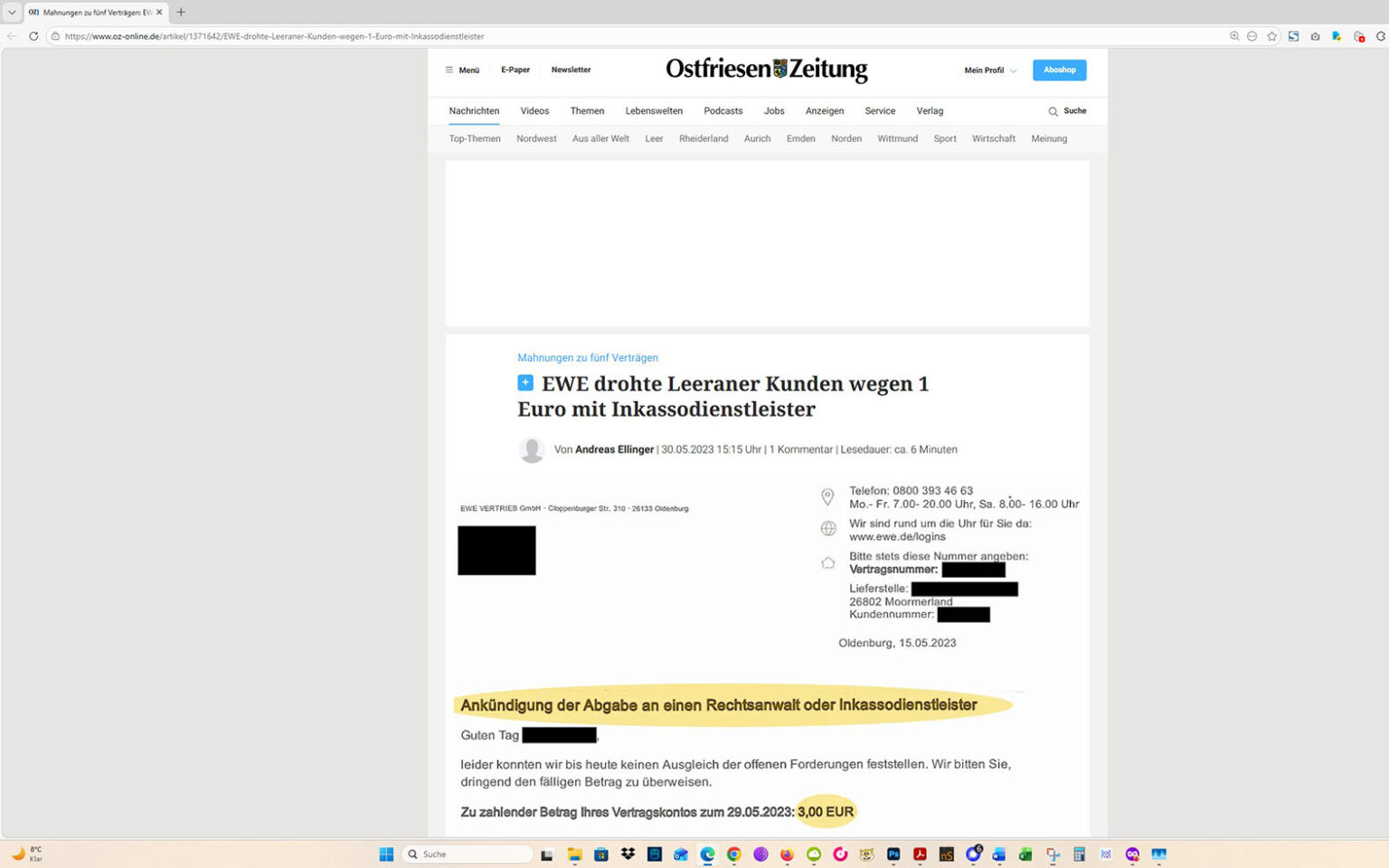 Der Artikel auf der Homepage der Ostfriesen-Zeitung. Screenshot: ewe-recherche.de