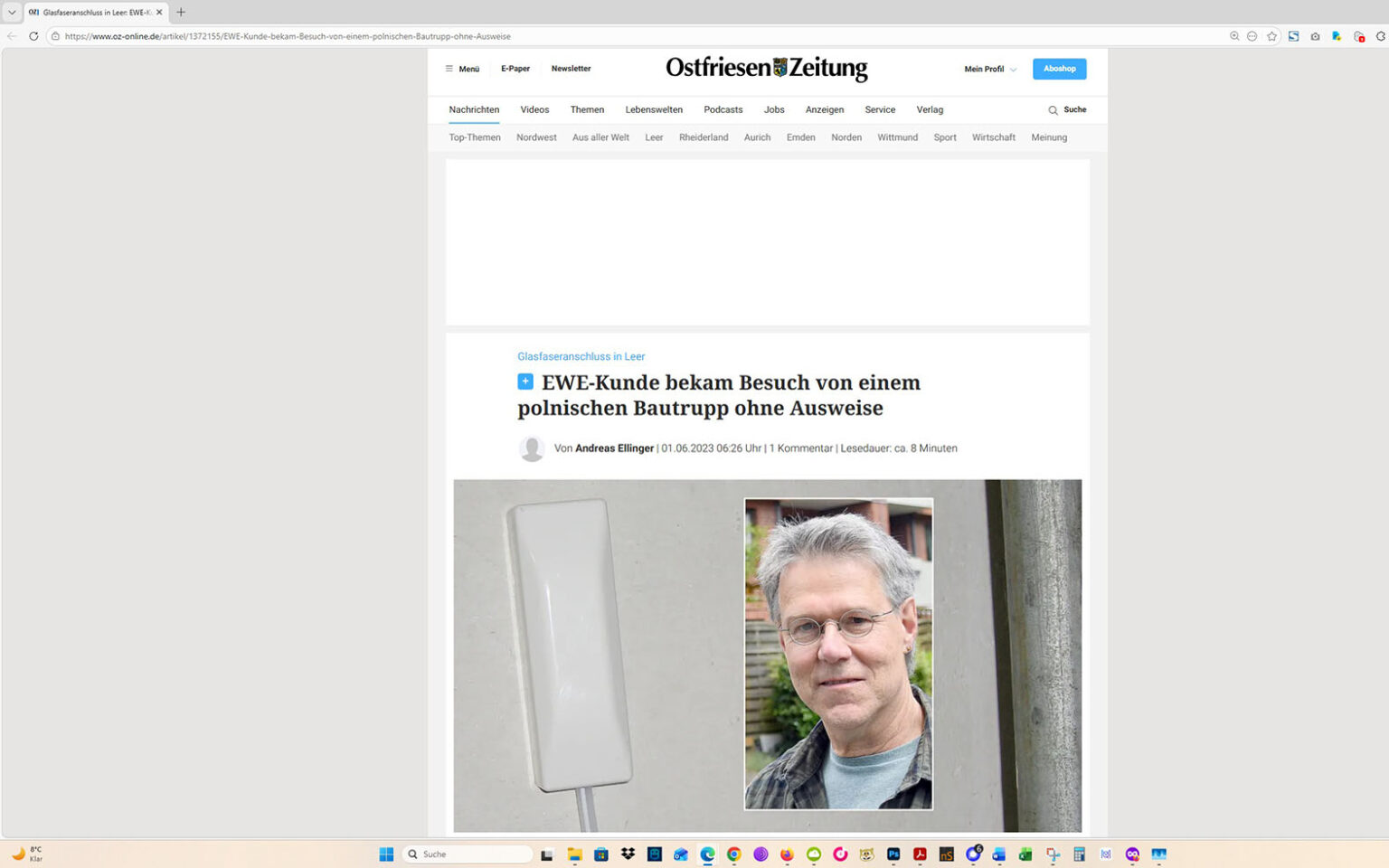 Der Artikel auf der Homepage der Ostfriesen-Zeitung. Screenshot: ewe-recherche.de