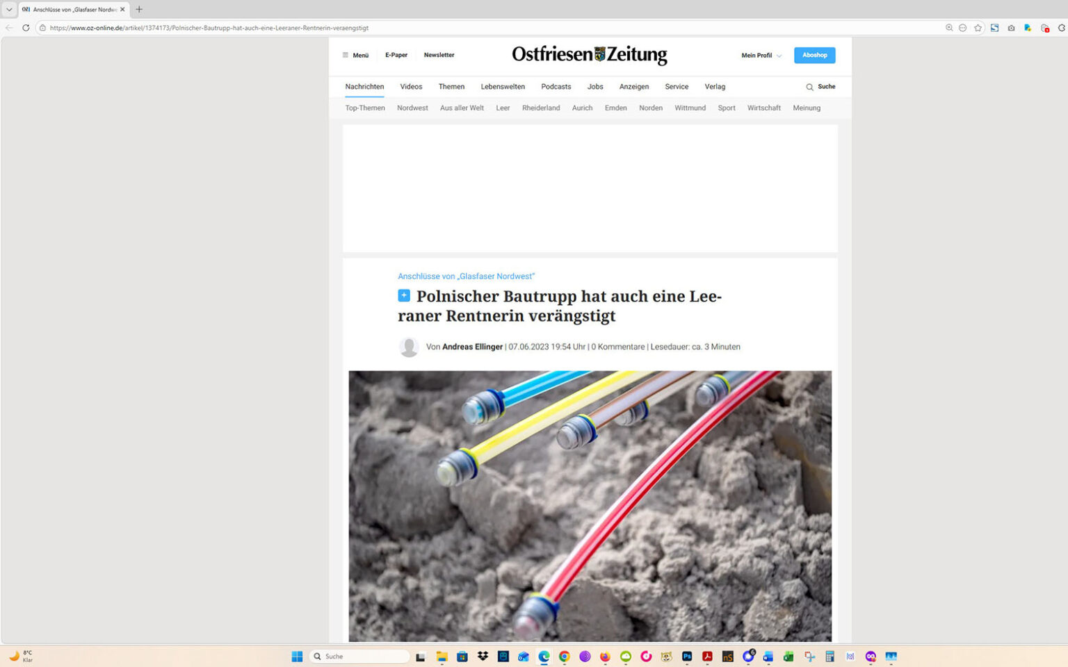 Der Artikel auf der Homepage der Ostfriesen-Zeitung. Screenshot: ewe-recherche.de