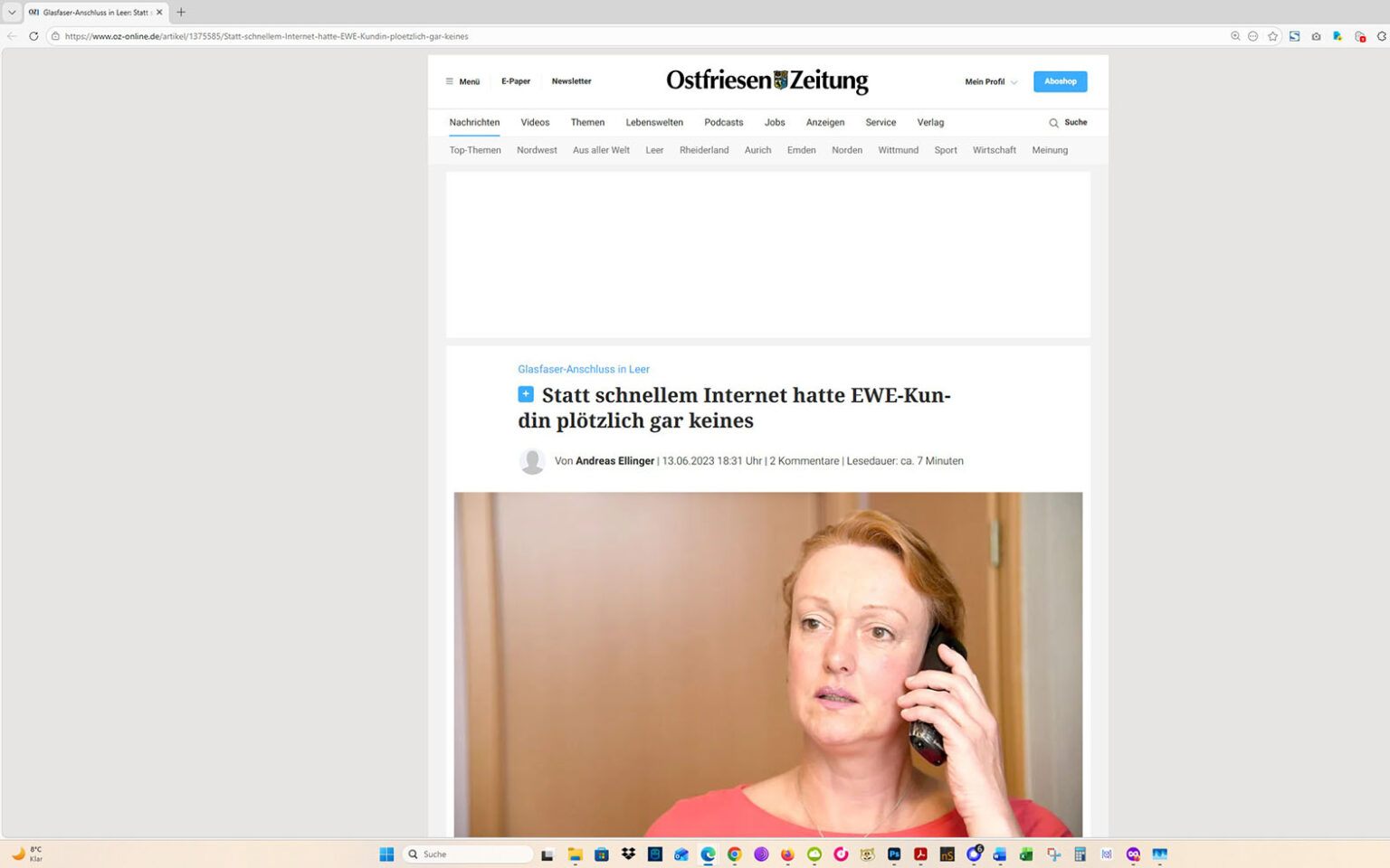 Der Artikel auf der Homepage der Ostfriesen-Zeitung. Screenshot: ewe-recherche.de