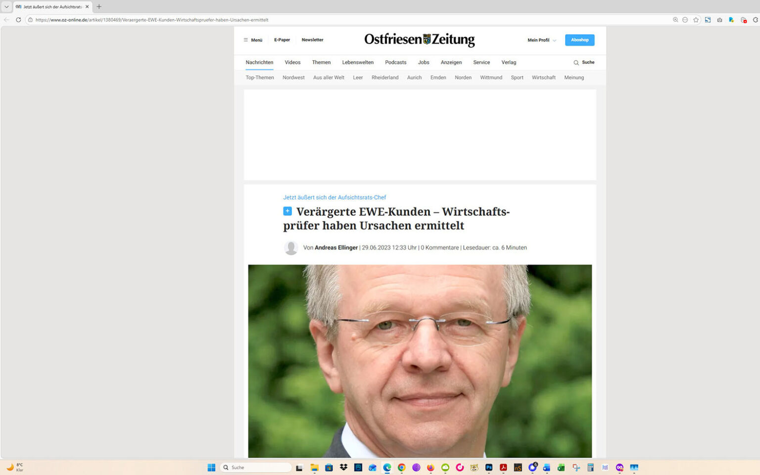 Der Artikel auf der Homepage der Ostfriesen-Zeitung. Screenshot: ewe-recherche.de