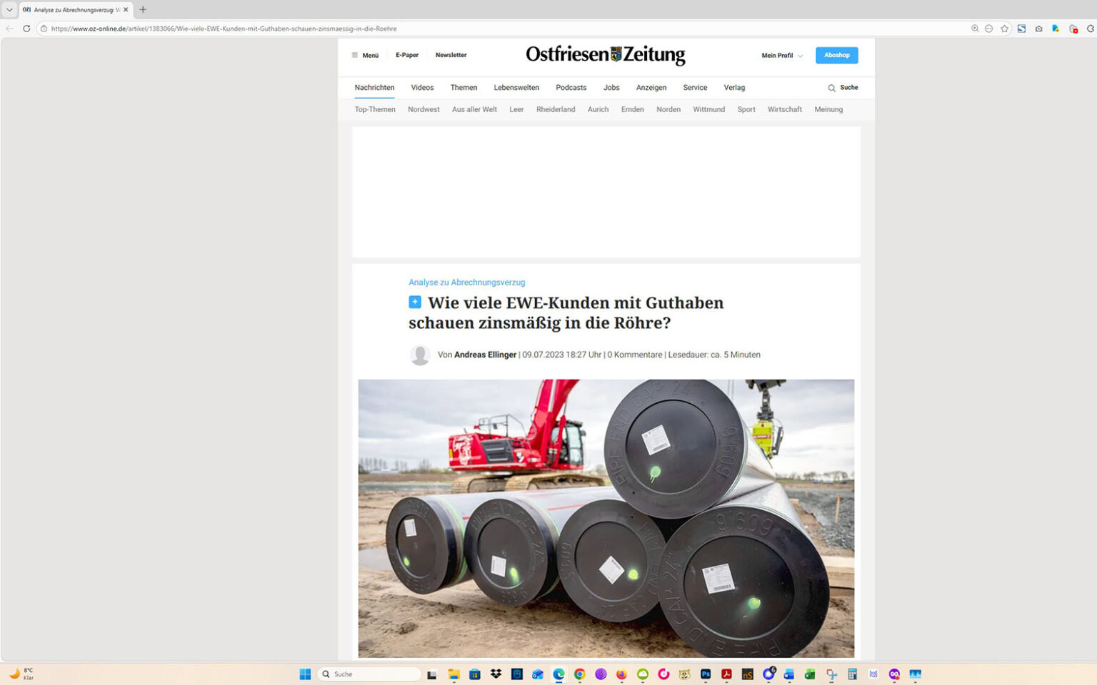 Der Artikel auf der Homepage der Ostfriesen-Zeitung. Screenshot: ewe-recherche.de