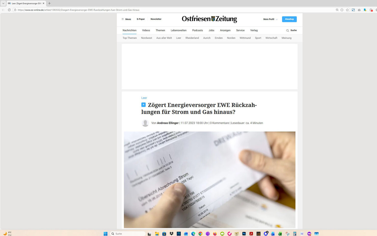 Der Artikel auf der Homepage der Ostfriesen-Zeitung. Screenshot: ewe-recherche.de