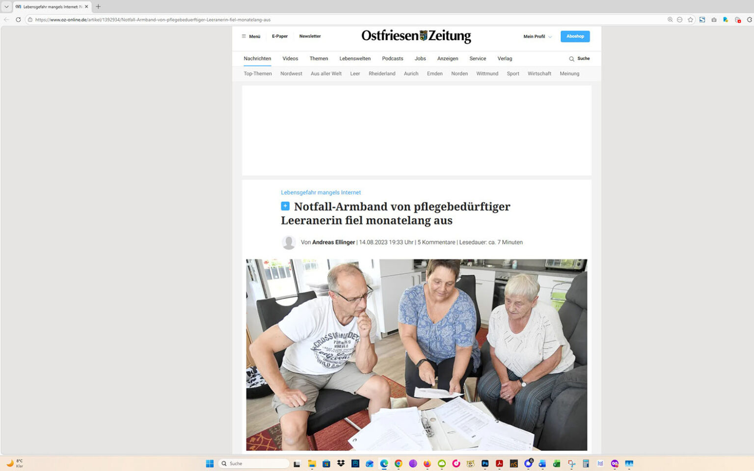 Der Artikel auf der Homepage der Ostfriesen-Zeitung. Screenshot: ewe-recherche.de