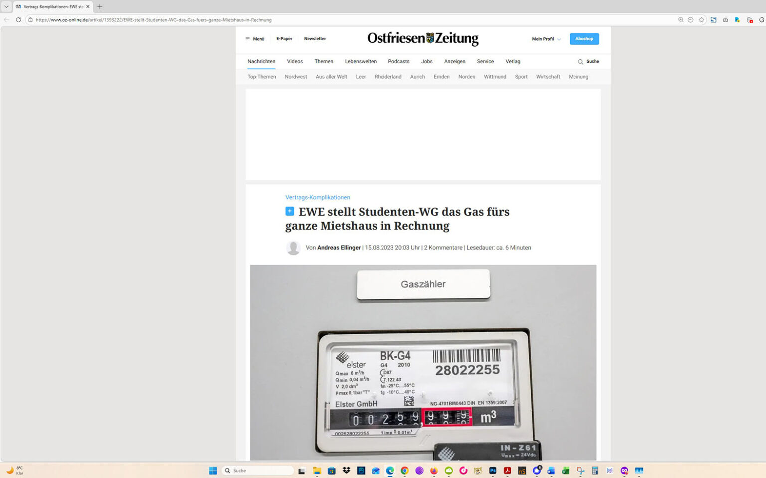 Der Artikel auf der Homepage der Ostfriesen-Zeitung. Screenshot: ewe-recherche.de