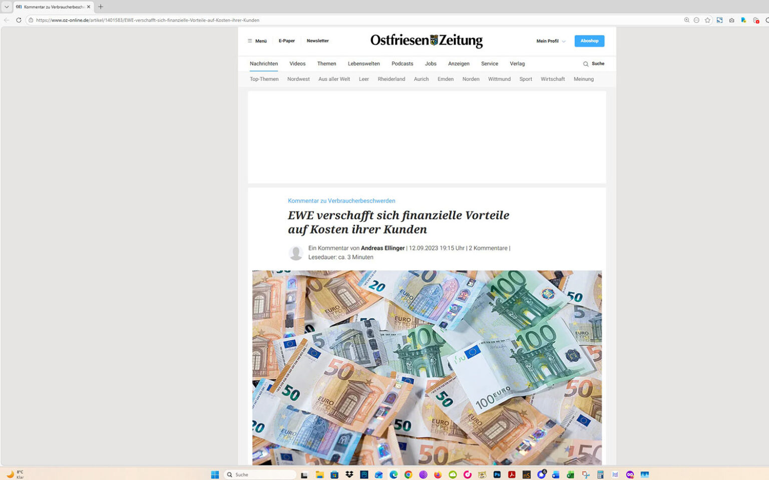 Der Artikel auf der Homepage der Ostfriesen-Zeitung. Screenshot: ewe-recherche.de