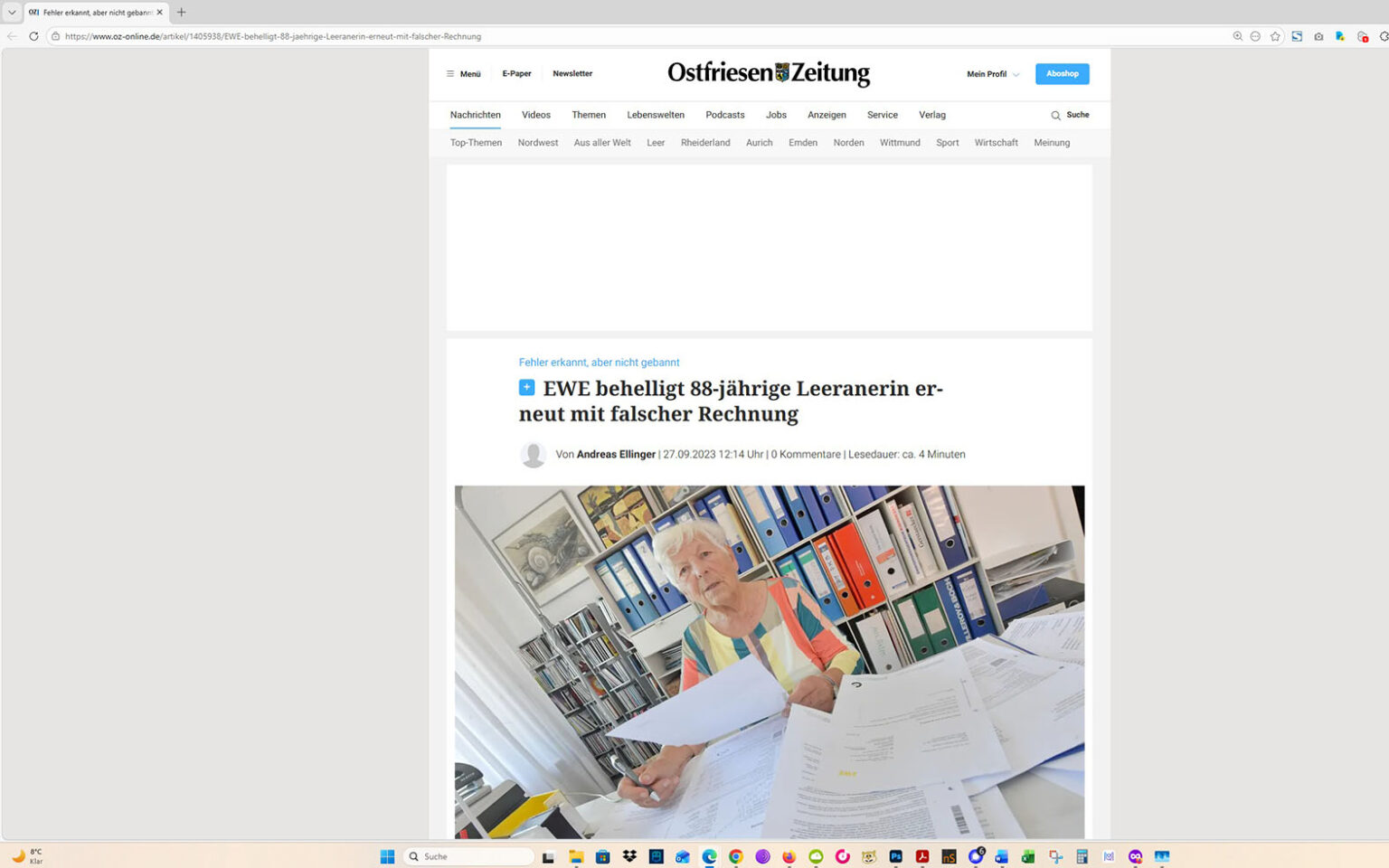 Der Artikel auf der Homepage der Ostfriesen-Zeitung. Screenshot: ewe-recherche.de