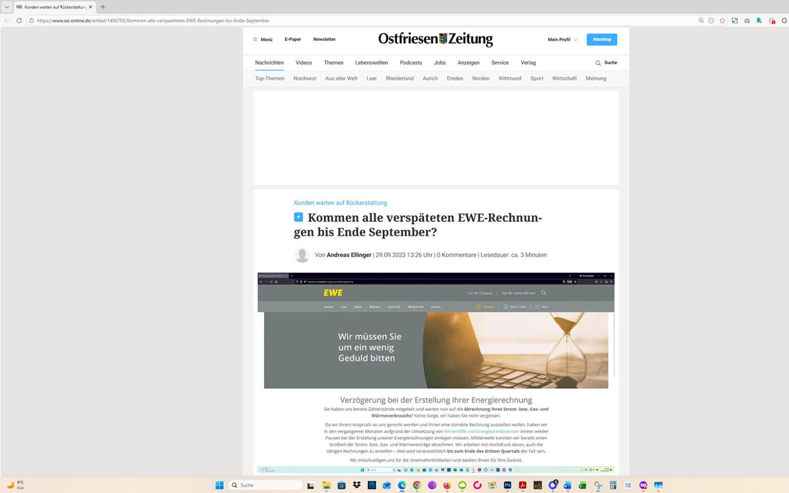 Der Artikel auf der Homepage der Ostfriesen-Zeitung. Screenshot: ewe-recherche.de