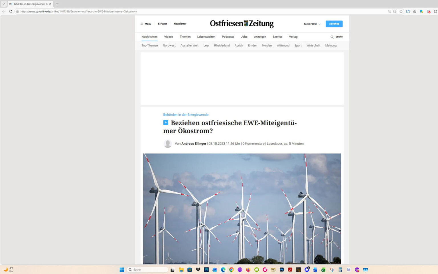 Der Artikel auf der Homepage der Ostfriesen-Zeitung. Screenshot: ewe-recherche.de