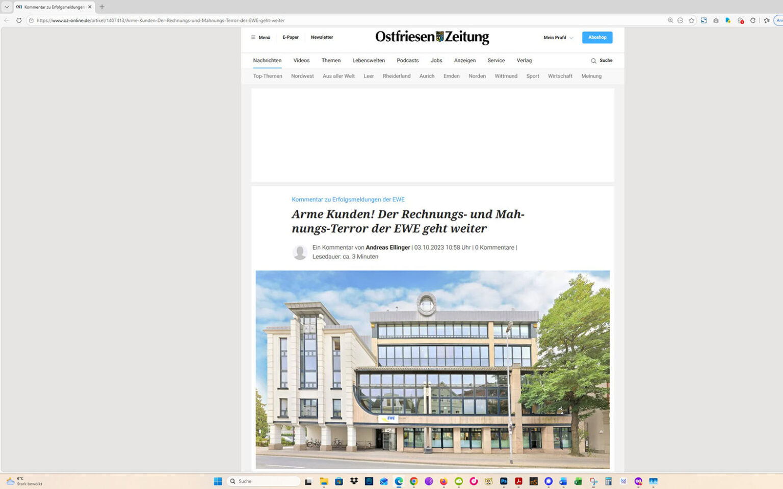 Der Artikel auf der Homepage der Ostfriesen-Zeitung. Screenshot: ewe-recherche.de
