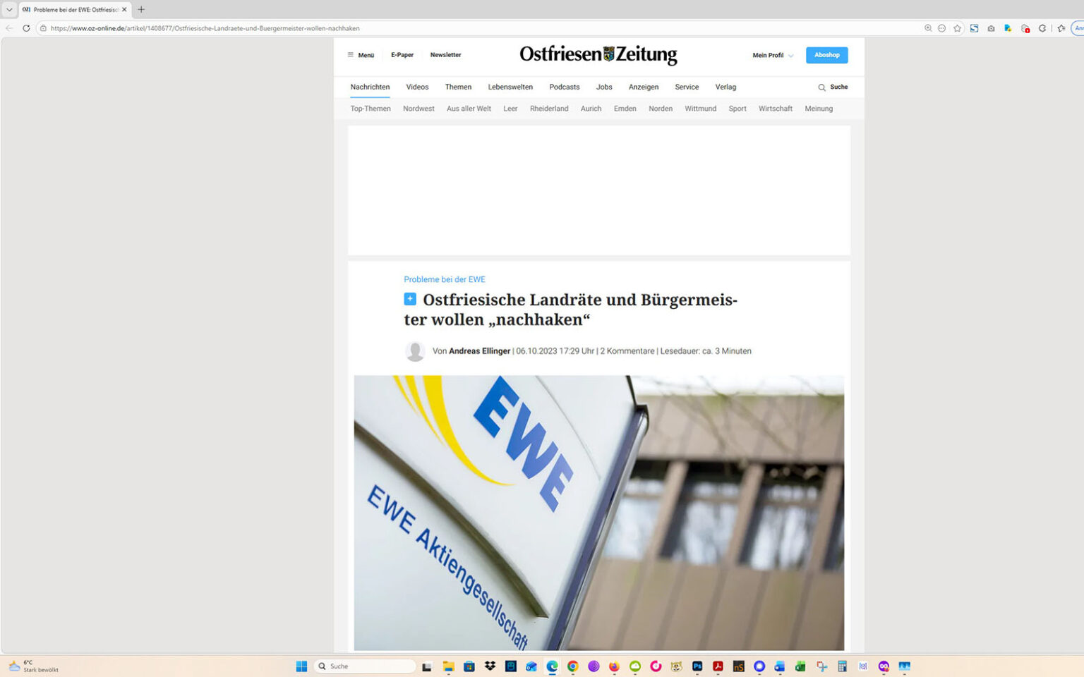 Der Artikel auf der Homepage der Ostfriesen-Zeitung. Screenshot: ewe-recherche.de