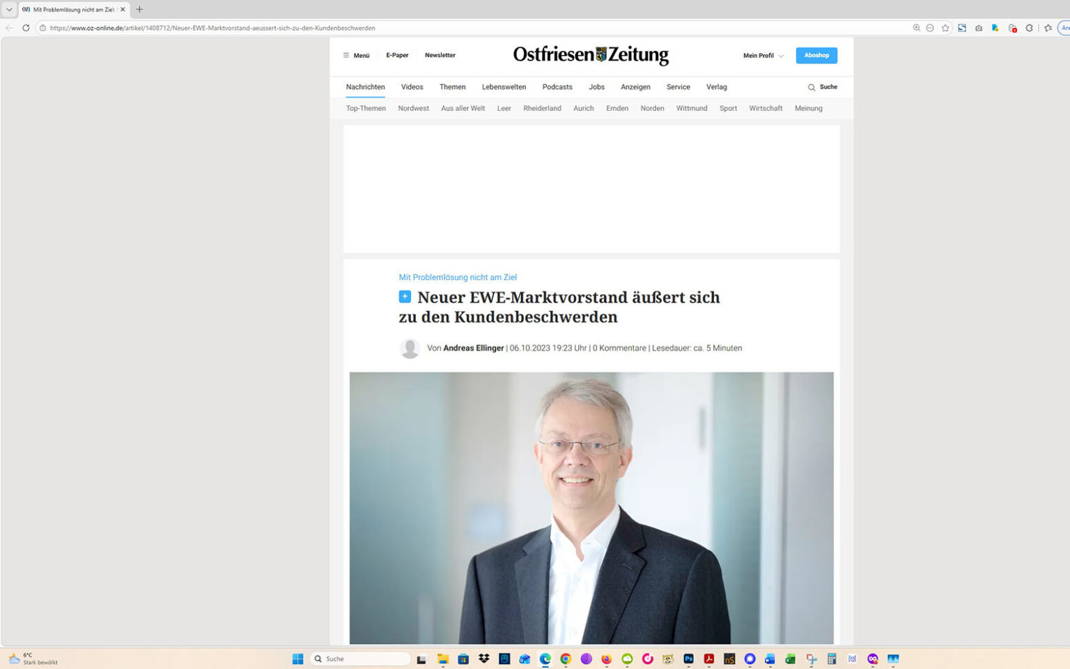 Der Artikel auf der Homepage der Ostfriesen-Zeitung. Screenshot: ewe-recherche.de