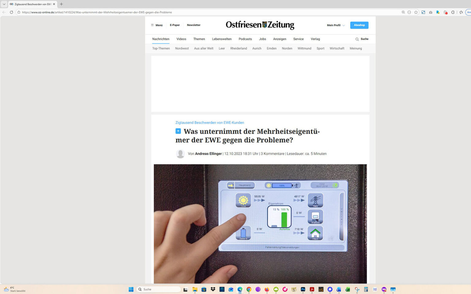 Der Artikel auf der Homepage der Ostfriesen-Zeitung. Screenshot: ewe-recherche.de