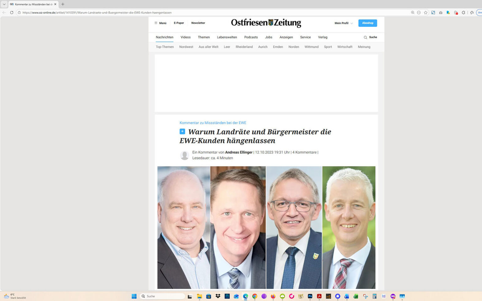 Der Artikel auf der Homepage der Ostfriesen-Zeitung. Screenshot: ewe-recherche.de