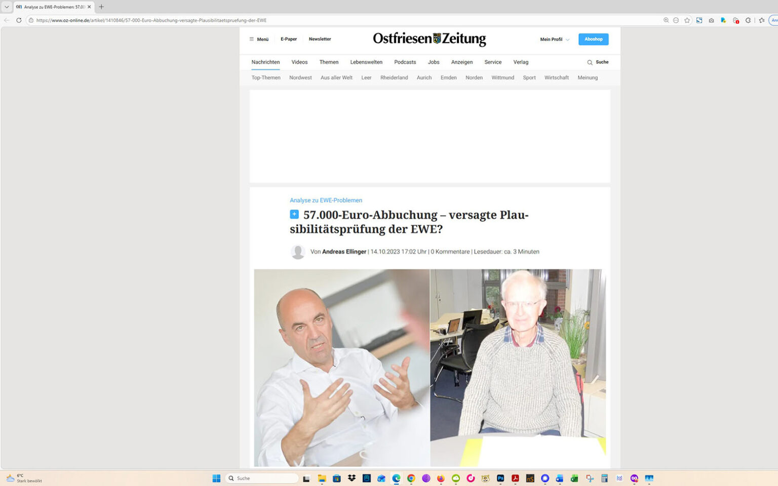 Der Artikel auf der Homepage der Ostfriesen-Zeitung. Screenshot: ewe-recherche.de
