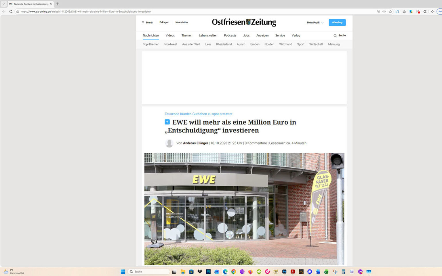Der Artikel auf der Homepage der Ostfriesen-Zeitung. Screenshot: ewe-recherche.de