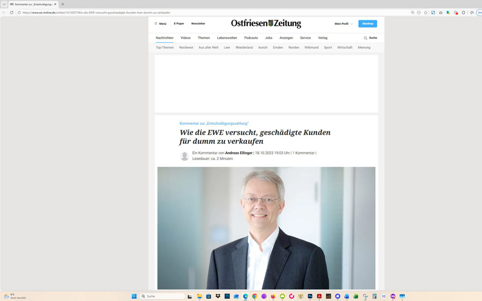 Der Artikel auf der Homepage der Ostfriesen-Zeitung. Screenshot: ewe-recherche.de