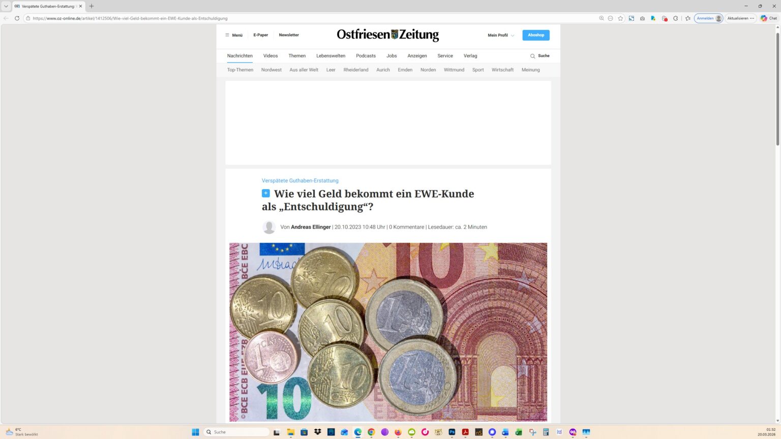 Der Artikel auf der Homepage der Ostfriesen-Zeitung. Screenshot: ewe-recherche.de