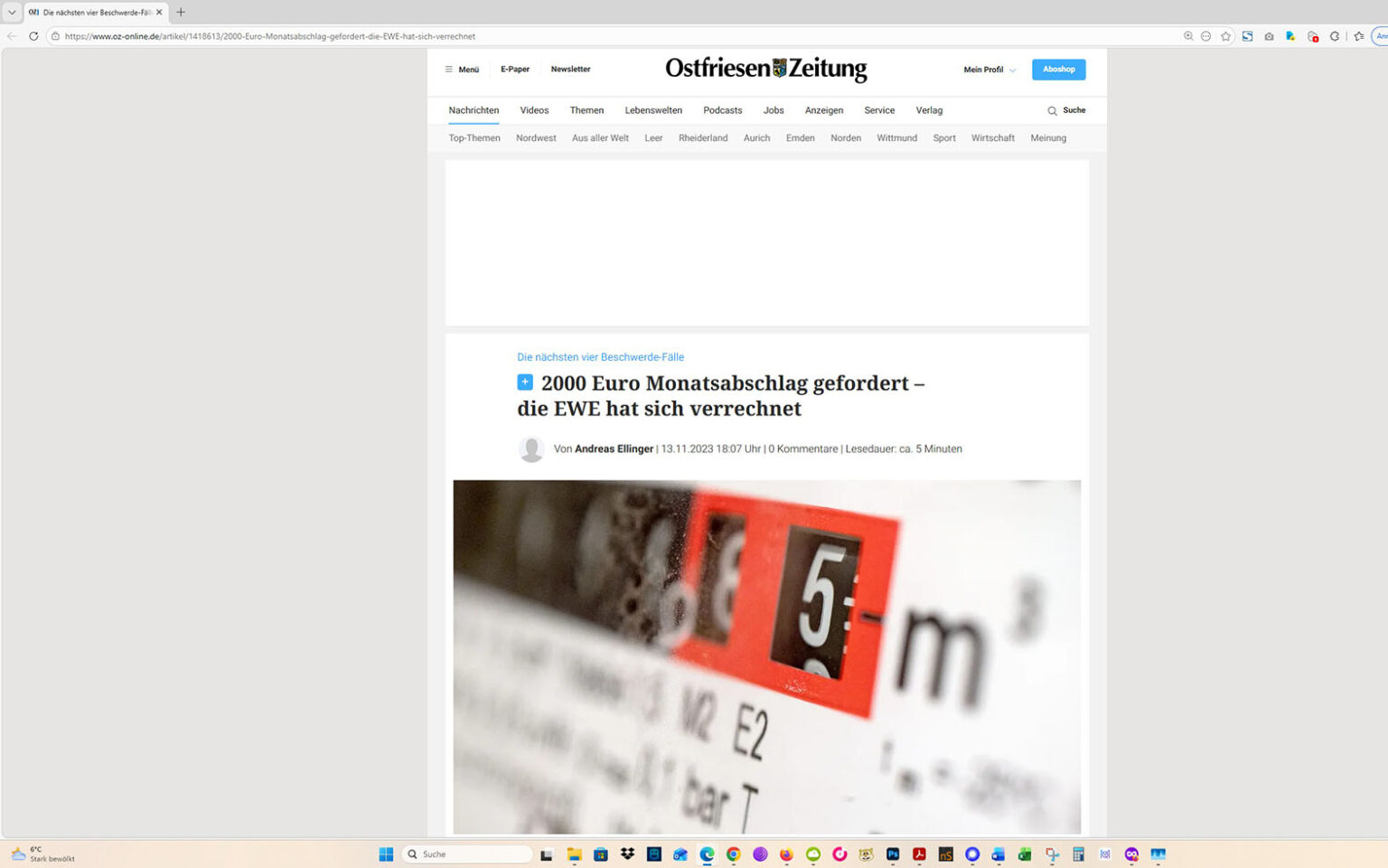 Der Artikel auf der Homepage der Ostfriesen-Zeitung. Screenshot: ewe-recherche.de