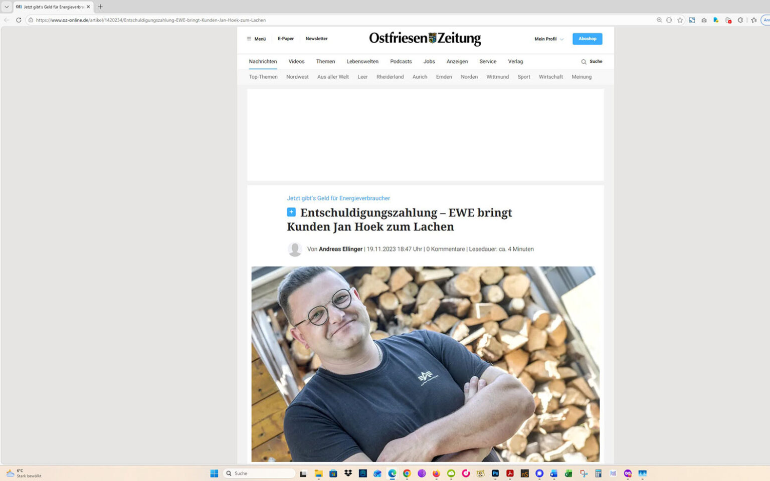 Der Artikel auf der Homepage der Ostfriesen-Zeitung. Screenshot: ewe-recherche.de