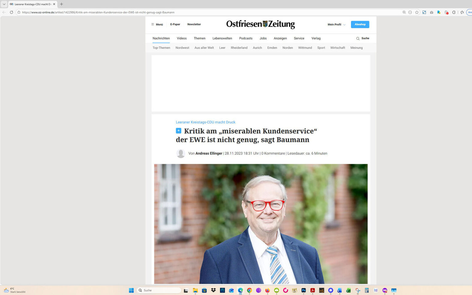 Der Artikel auf der Homepage der Ostfriesen-Zeitung. Screenshot: ewe-recherche.de