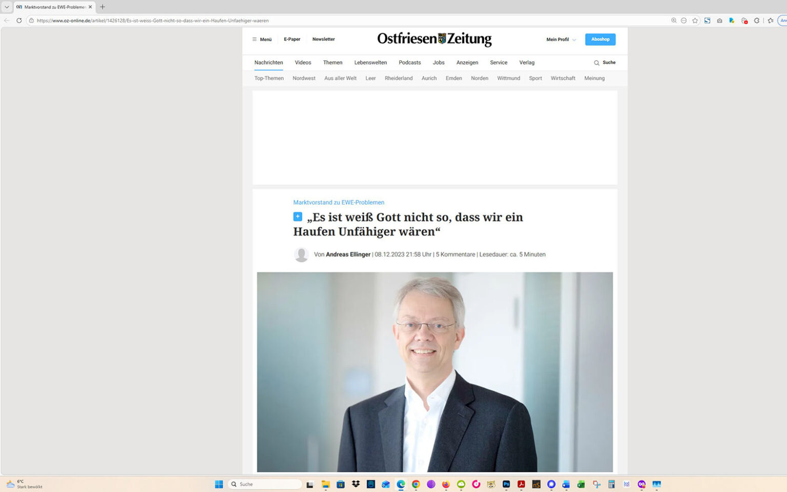 Der Artikel auf der Homepage der Ostfriesen-Zeitung. Screenshot: ewe-recherche.de