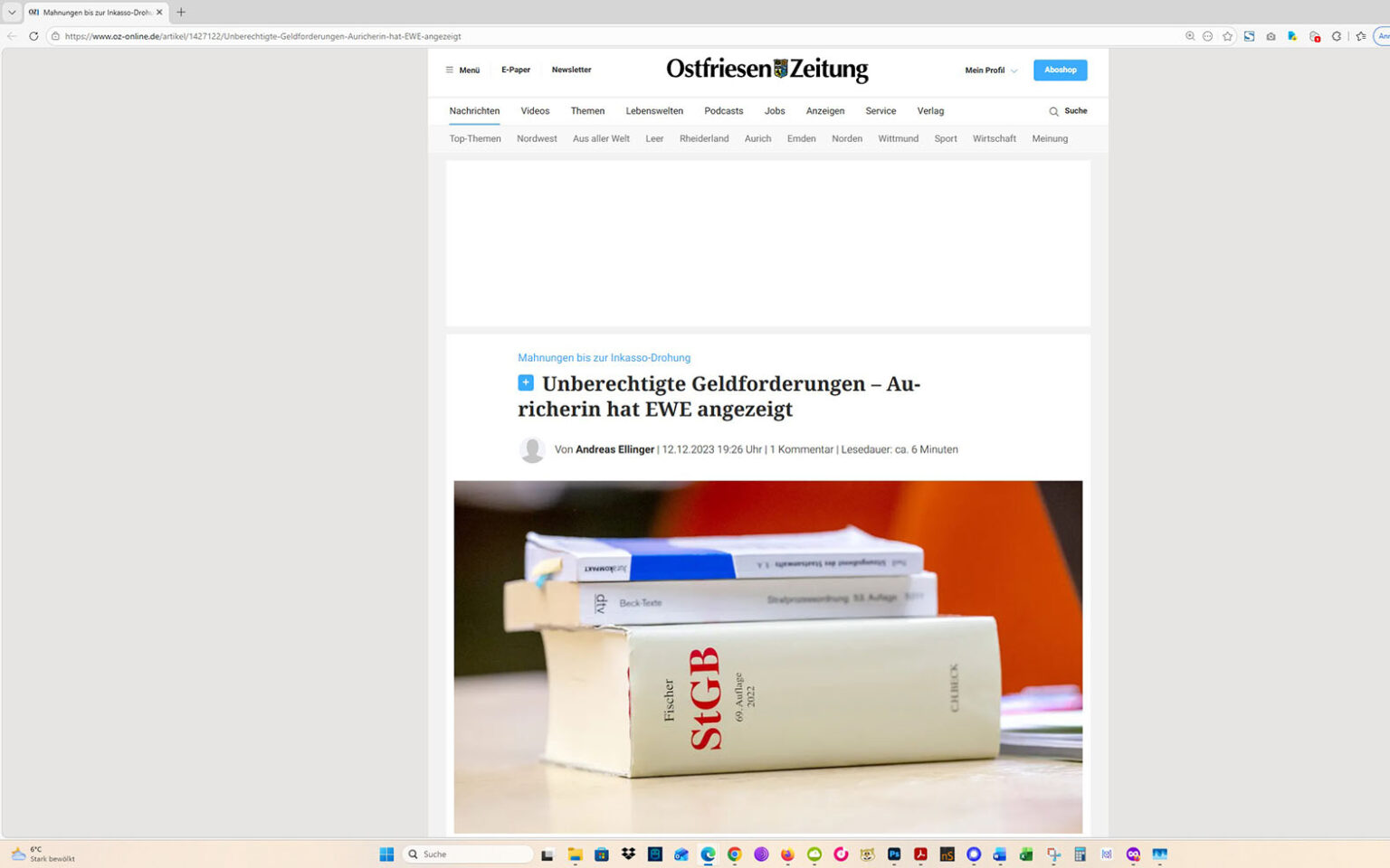 Der Artikel auf der Homepage der Ostfriesen-Zeitung. Screenshot: ewe-recherche.de