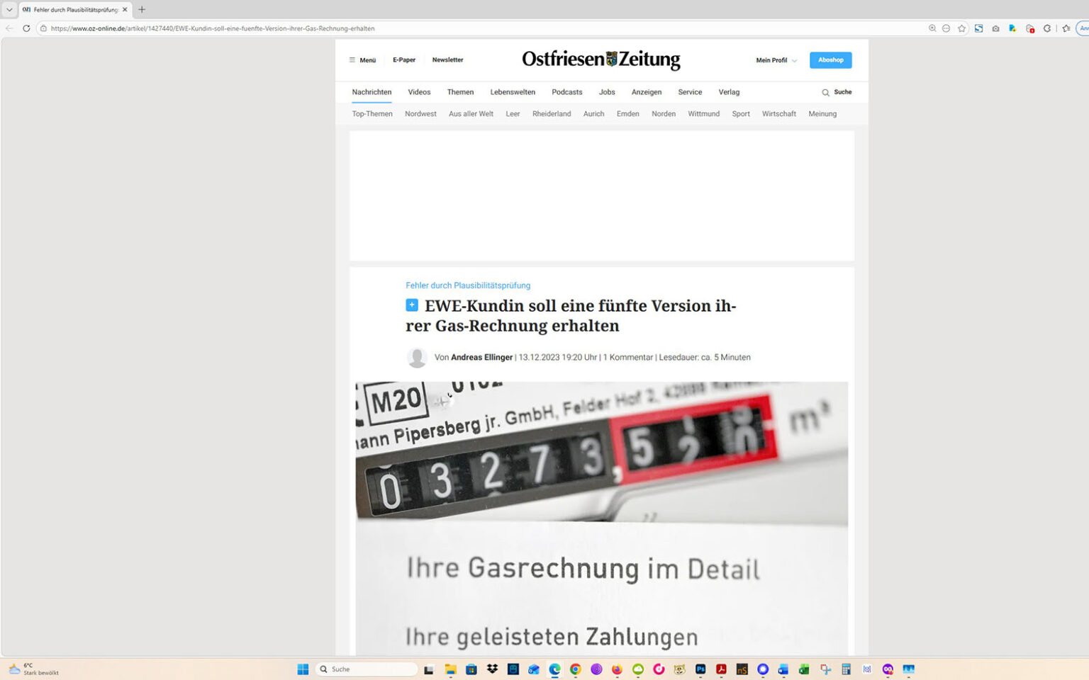 Der Artikel auf der Homepage der Ostfriesen-Zeitung. Screenshot: ewe-recherche.de