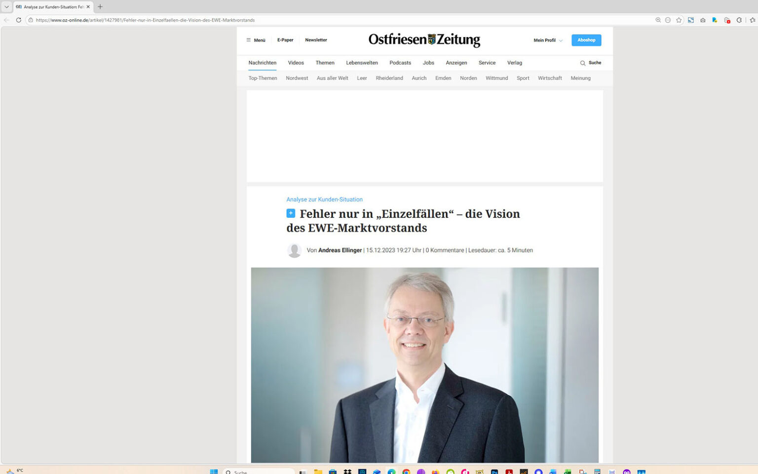 Der Artikel auf der Homepage der Ostfriesen-Zeitung. Screenshot: ewe-recherche.de