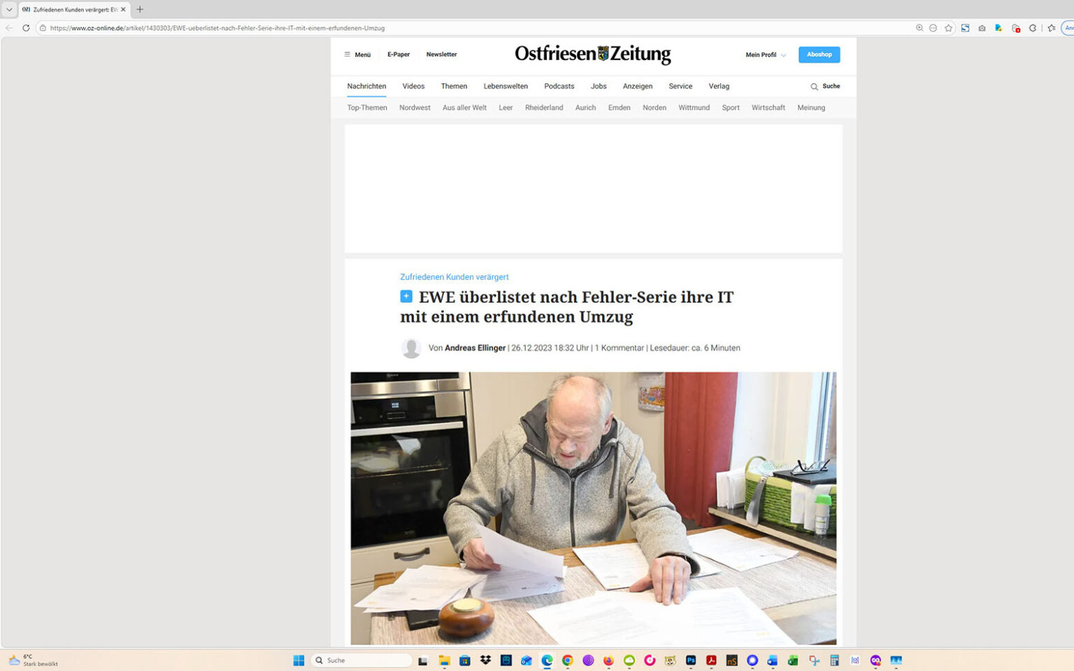 Der Artikel auf der Homepage der Ostfriesen-Zeitung. Screenshot: ewe-recherche.de