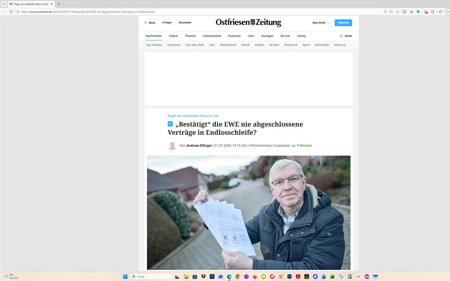 Der Artikel auf der Homepage der Ostfriesen-Zeitung. Screenshot: ewe-recherche.de
