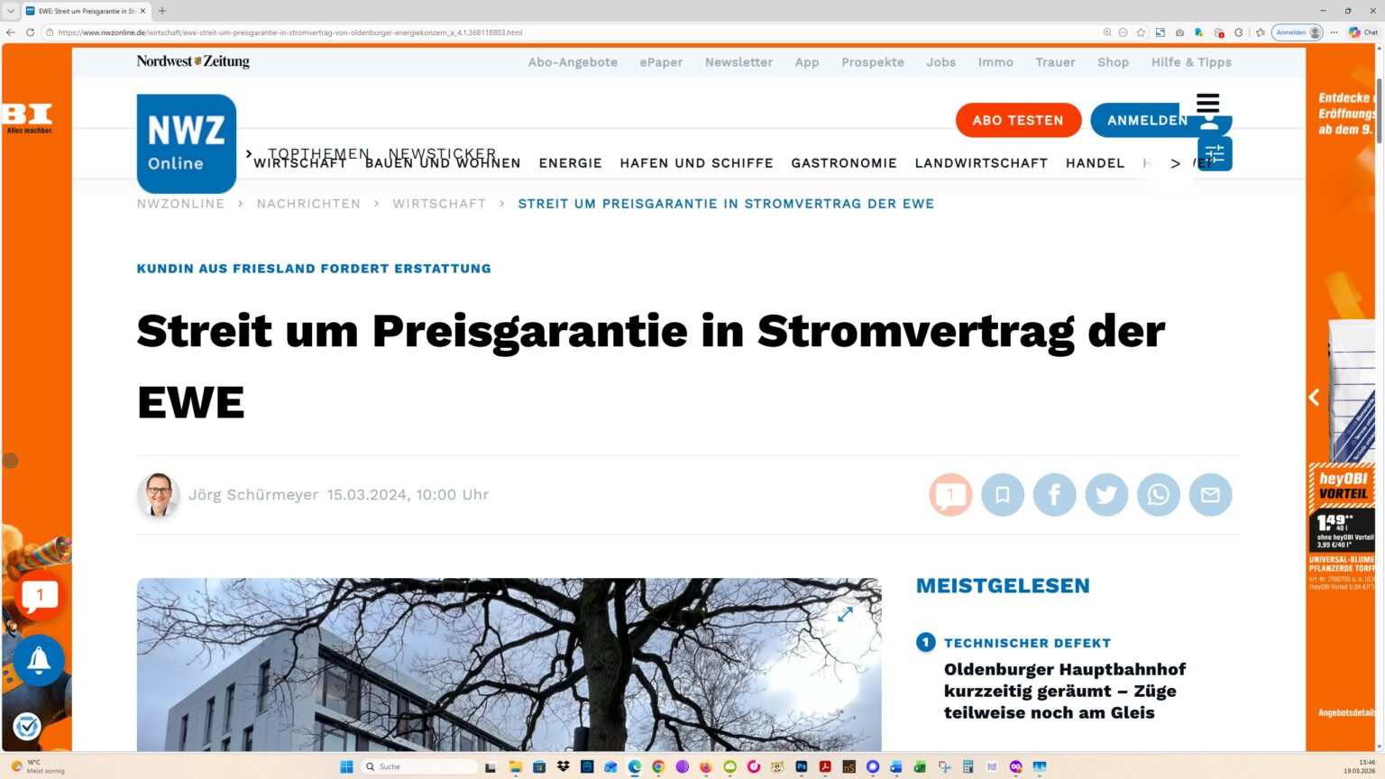 Der Artikel auf der Homepage der NWZ. Screenshot: ewe-recherche.de