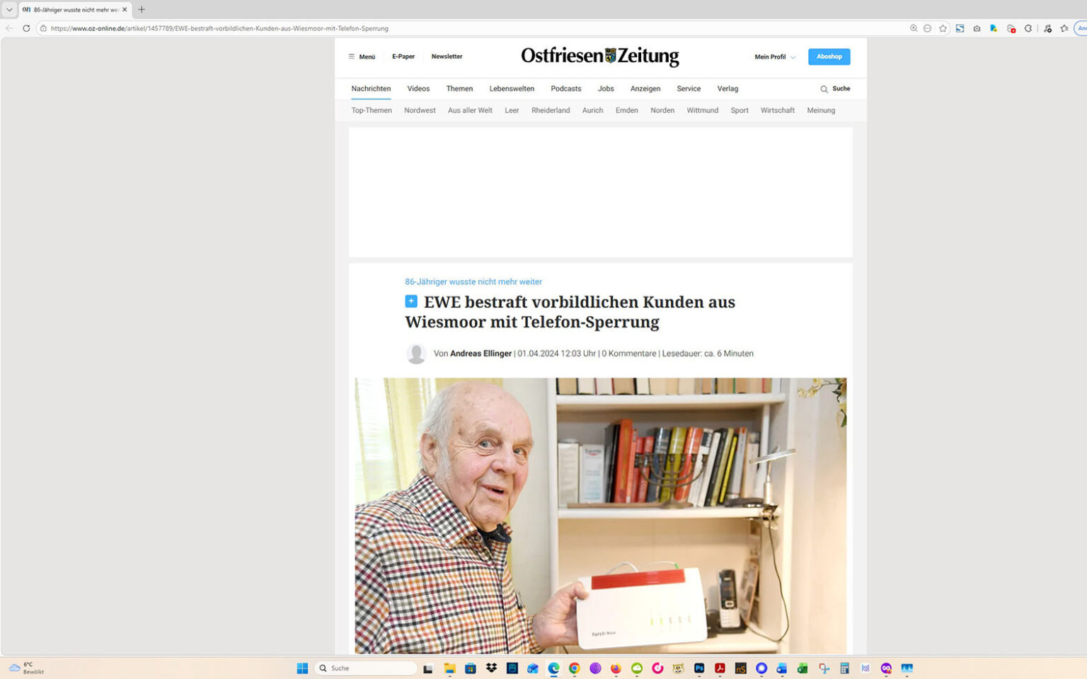 Der Artikel auf der Homepage der Ostfriesen-Zeitung. Screenshot: ewe-recherche.de