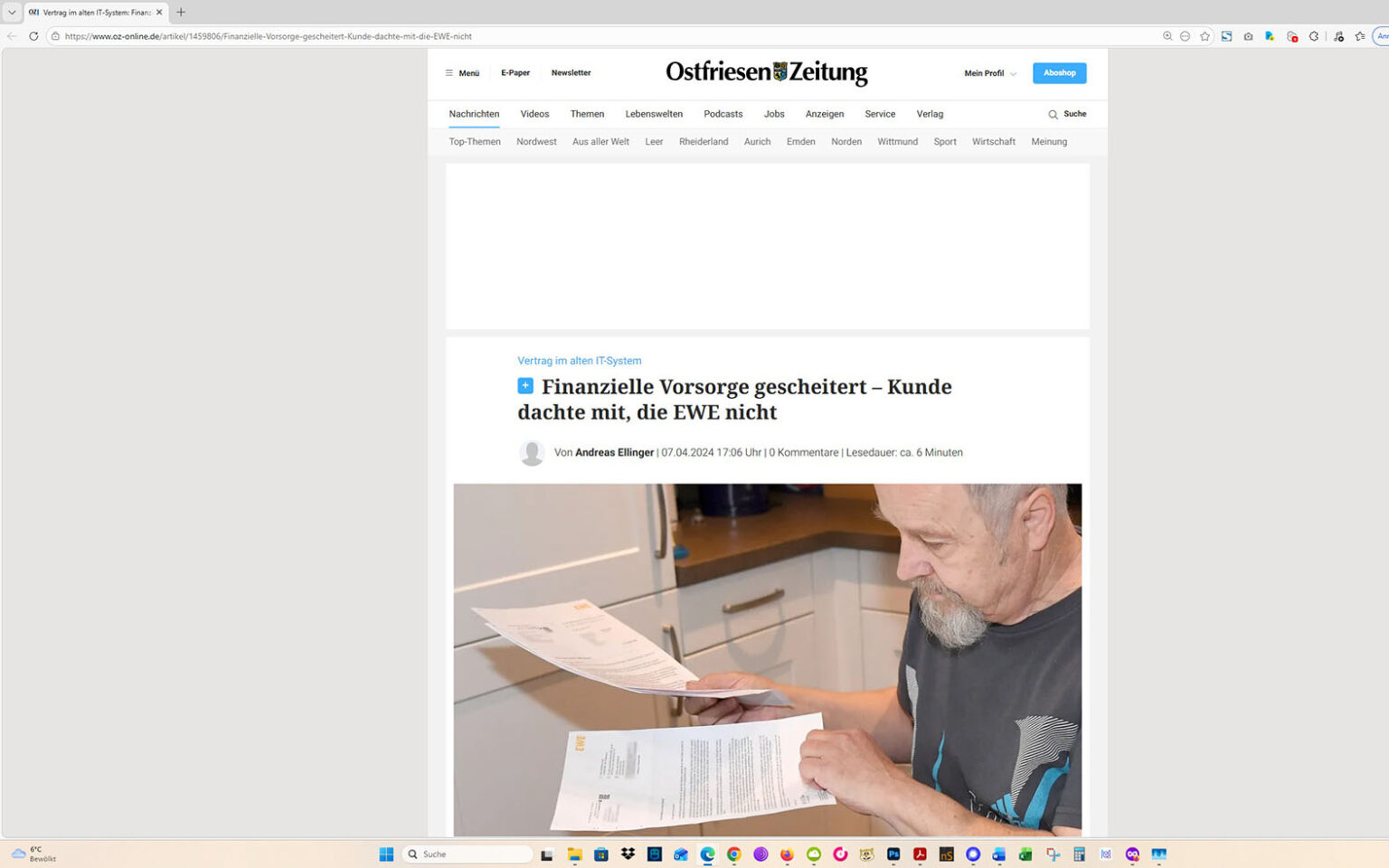 Der Artikel auf der Homepage der Ostfriesen-Zeitung. Screenshot: ewe-recherche.de