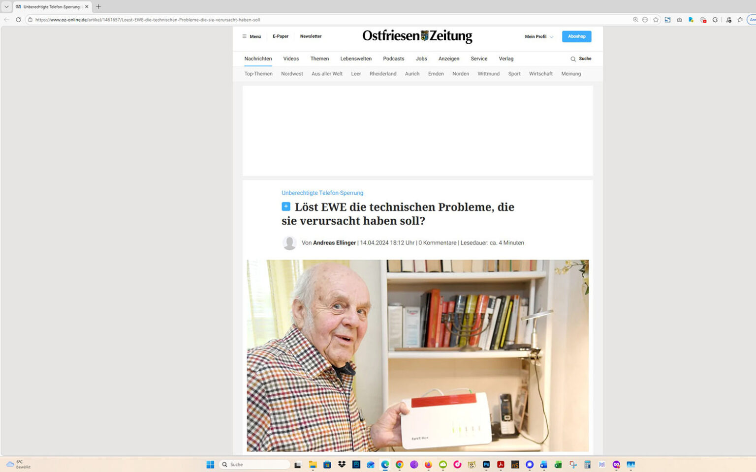 Der Artikel auf der Homepage der Ostfriesen-Zeitung. Screenshot: ewe-recherche.de