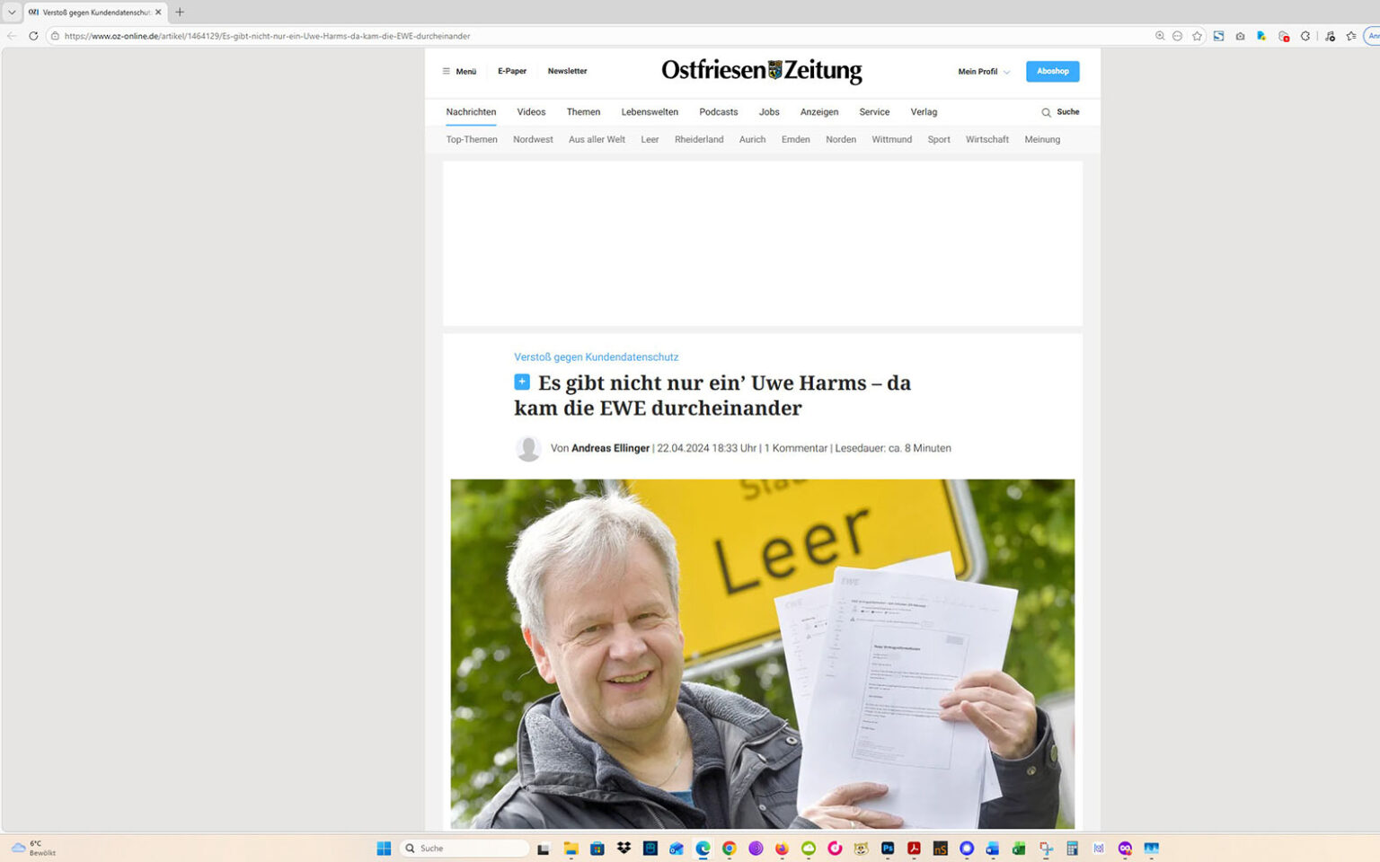 Der Artikel auf der Homepage der Ostfriesen-Zeitung. Screenshot: ewe-recherche.de