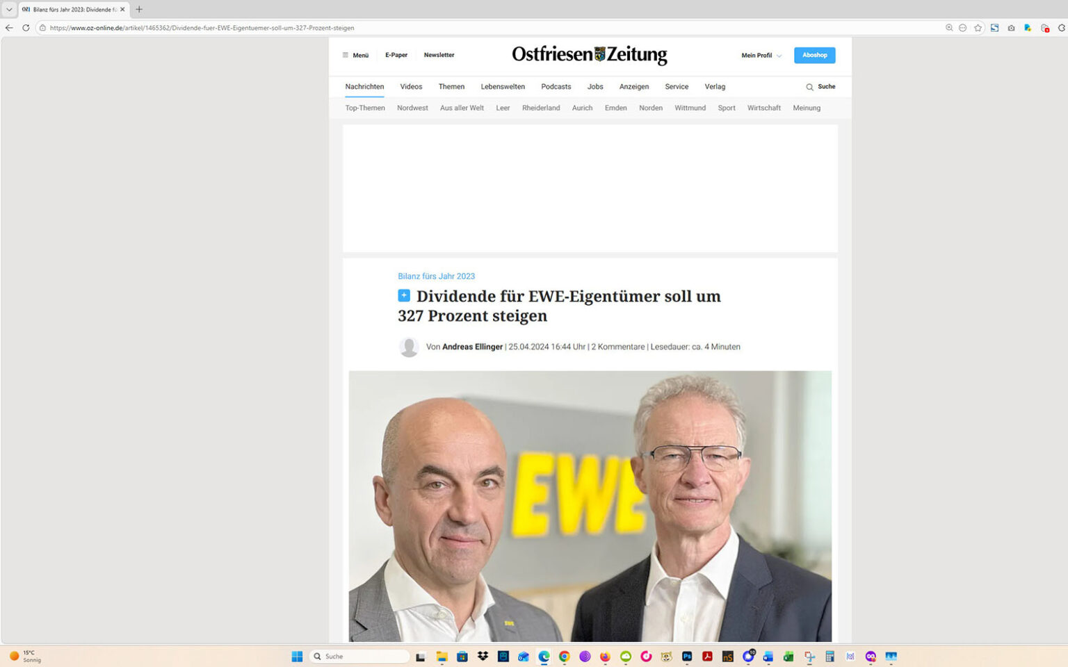 Der Artikel auf der Homepage der Ostfriesen-Zeitung. Screenshot: ewe-recherche.de