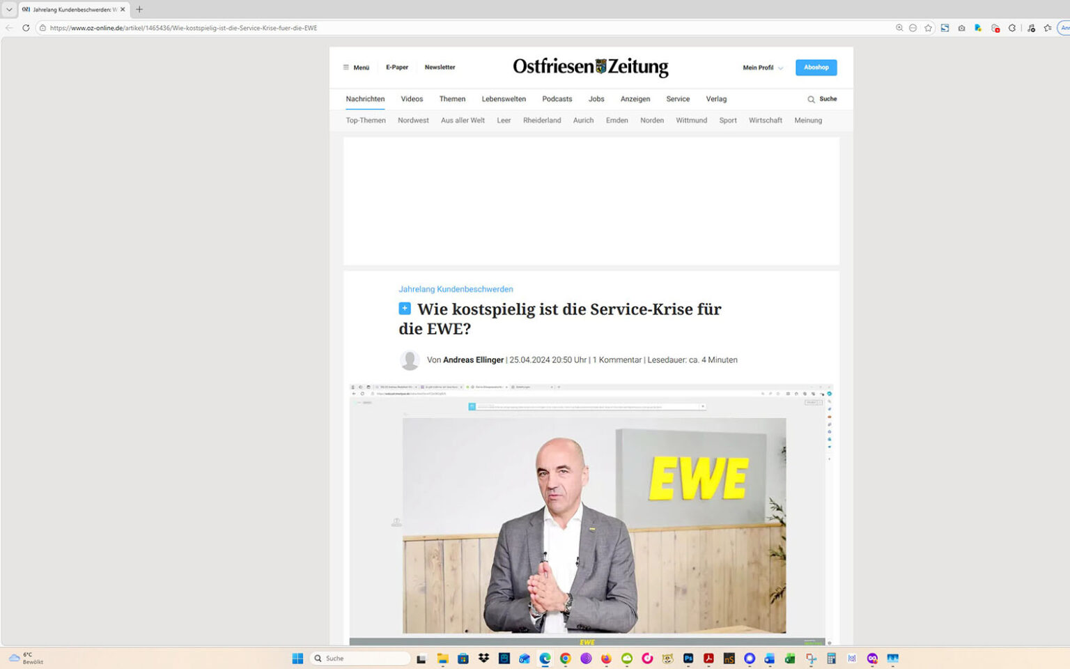 Der Artikel auf der Homepage der Ostfriesen-Zeitung. Screenshot: ewe-recherche.de