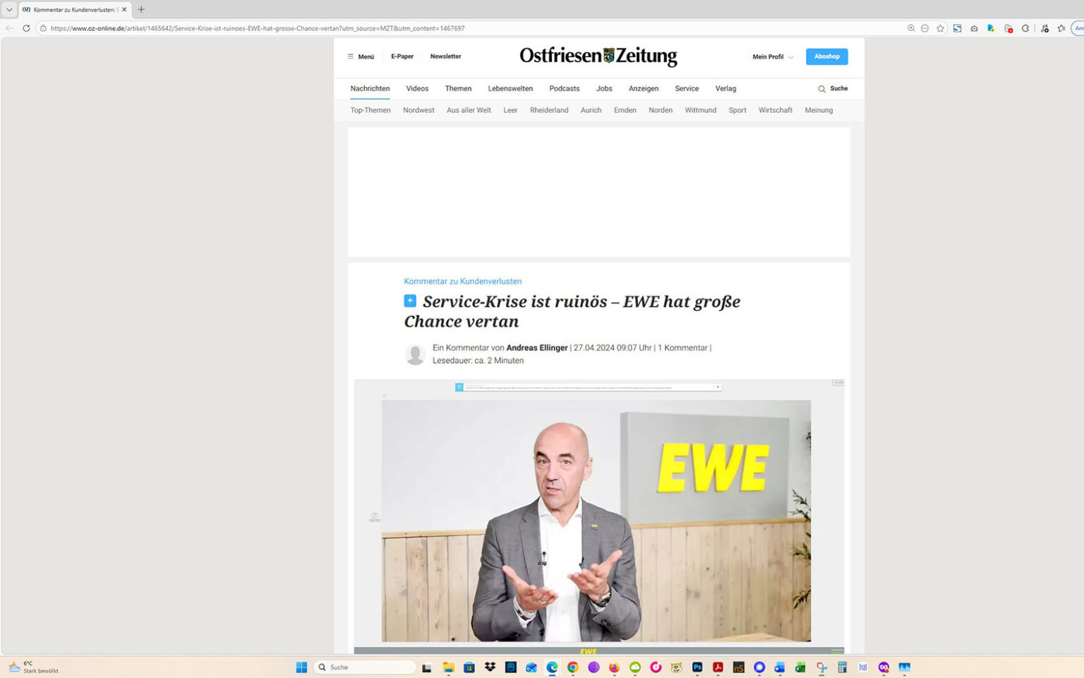Der Artikel auf der Homepage der Ostfriesen-Zeitung. Screenshot: ewe-recherche.de