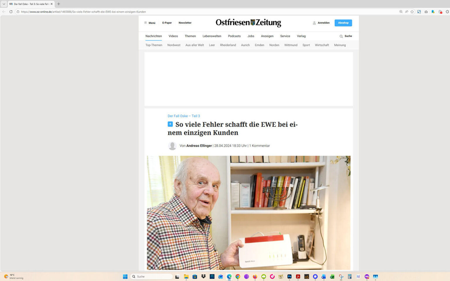 Der Artikel auf der Homepage der Ostfriesen-Zeitung. Screenshot: ewe-recherche.de