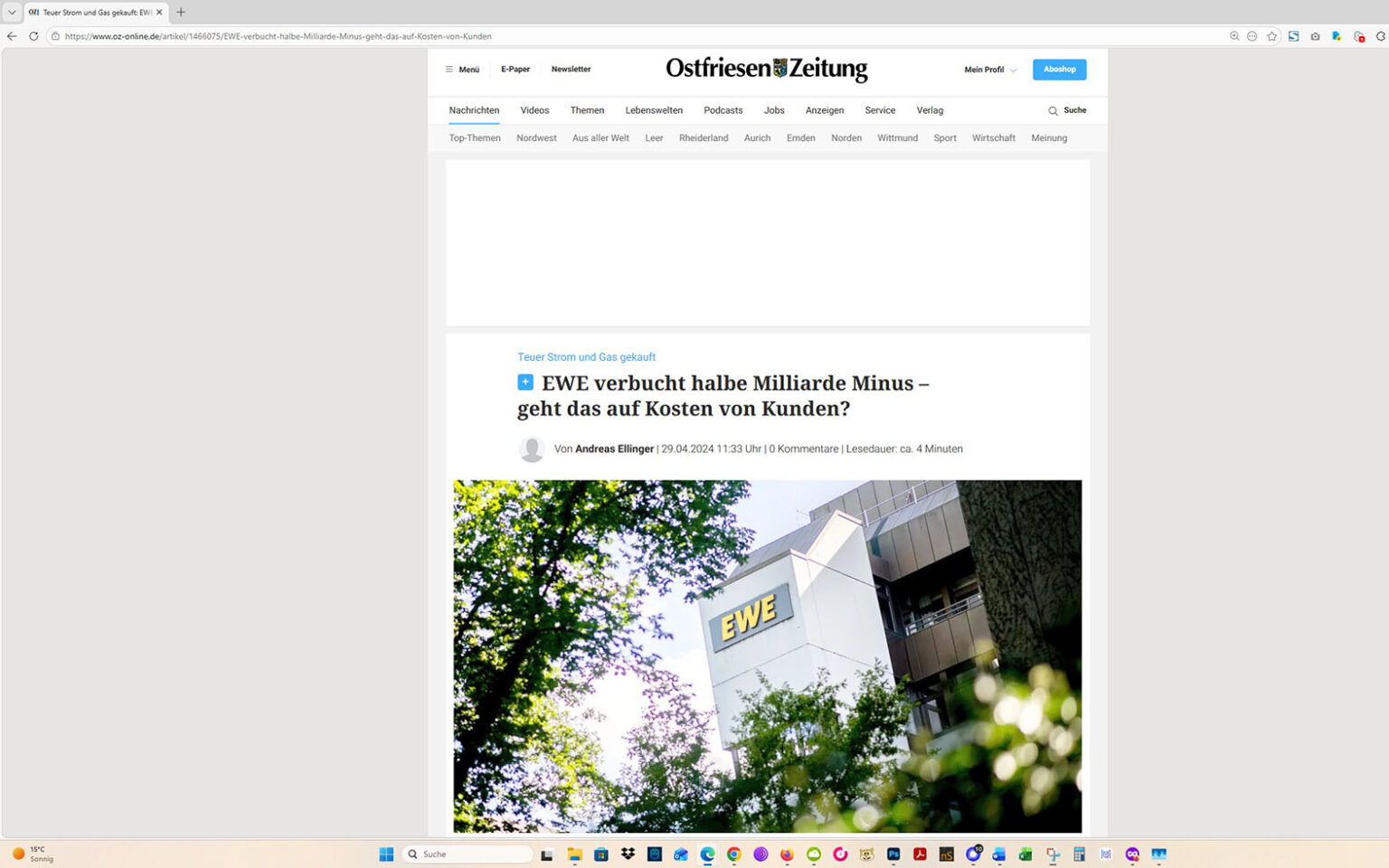 Der Artikel auf der Homepage der Ostfriesen-Zeitung. Screenshot: ewe-recherche.de