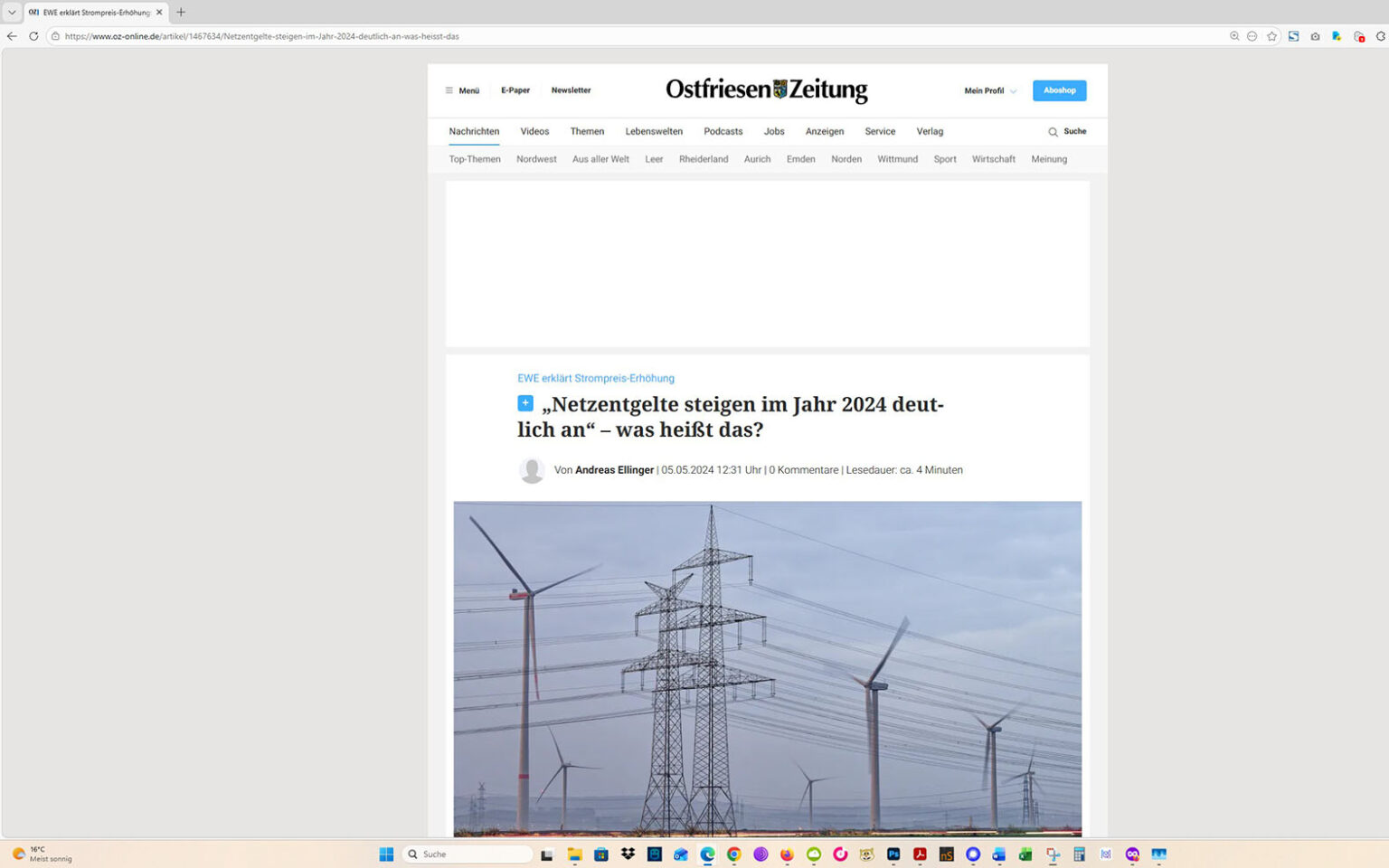 Der Artikel auf der Homepage der Ostfriesen-Zeitung. Screenshot: ewe-recherche.de
