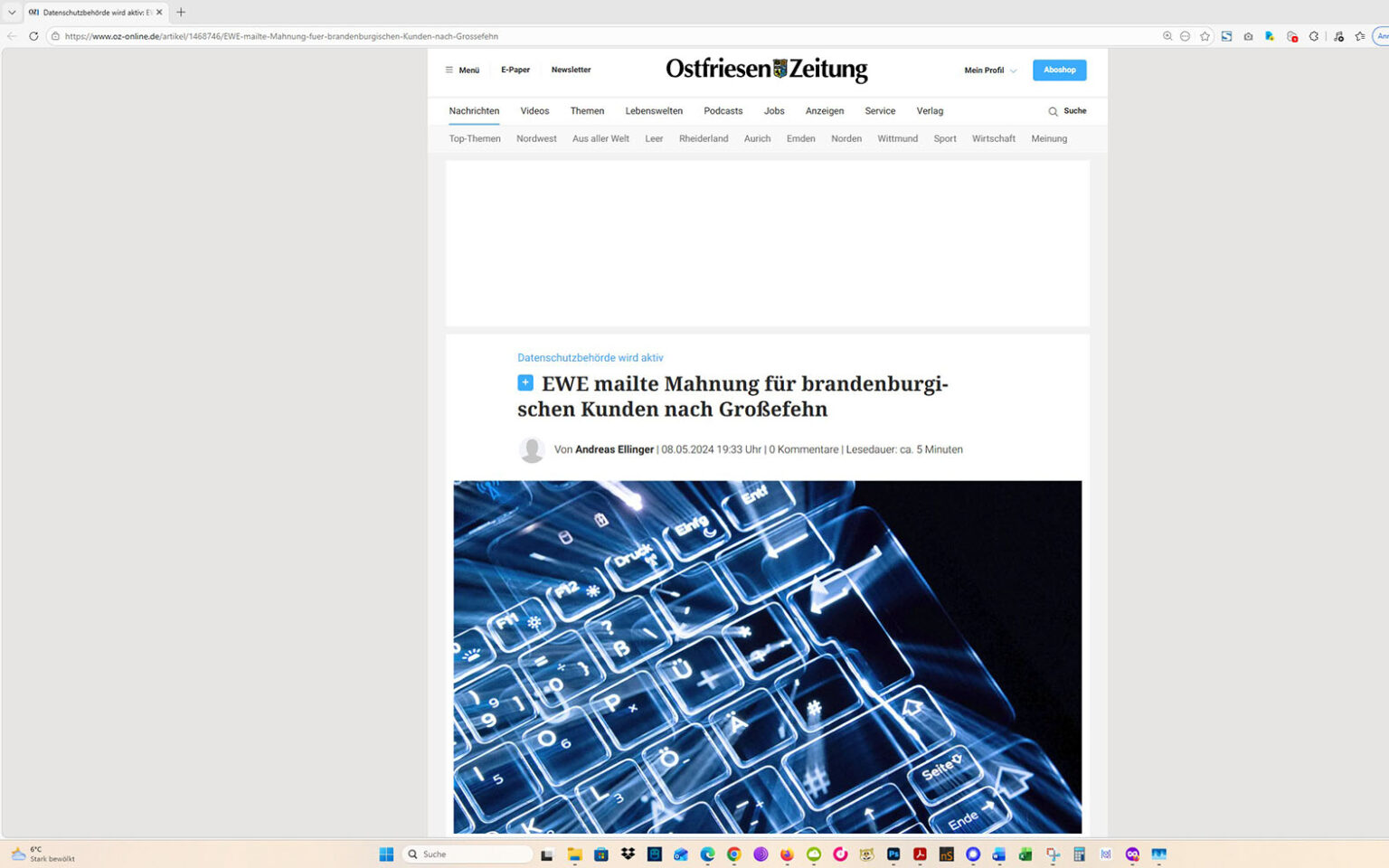 Der Artikel auf der Homepage der Ostfriesen-Zeitung. Screenshot: ewe-recherche.de