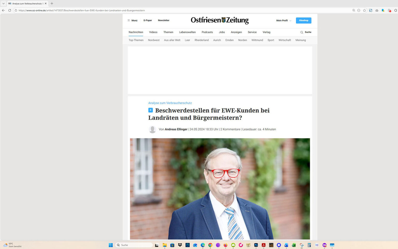 Der Artikel auf der Homepage der Ostfriesen-Zeitung. Screenshot: ewe-recherche.de