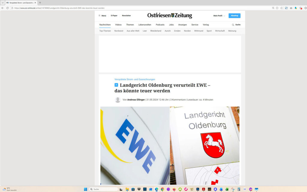 Der Artikel auf der Homepage der Ostfriesen-Zeitung. Screenshot: ewe-recherche.de