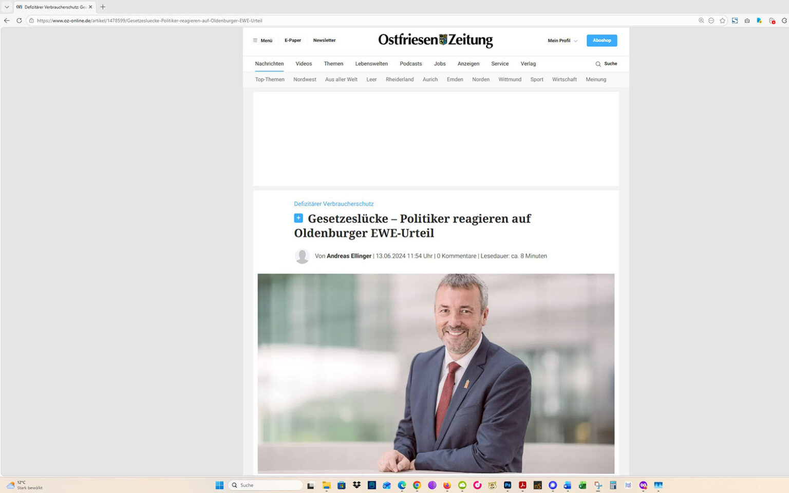 Der Artikel auf der Homepage der Ostfriesen-Zeitung. Screenshot: ewe-recherche.de