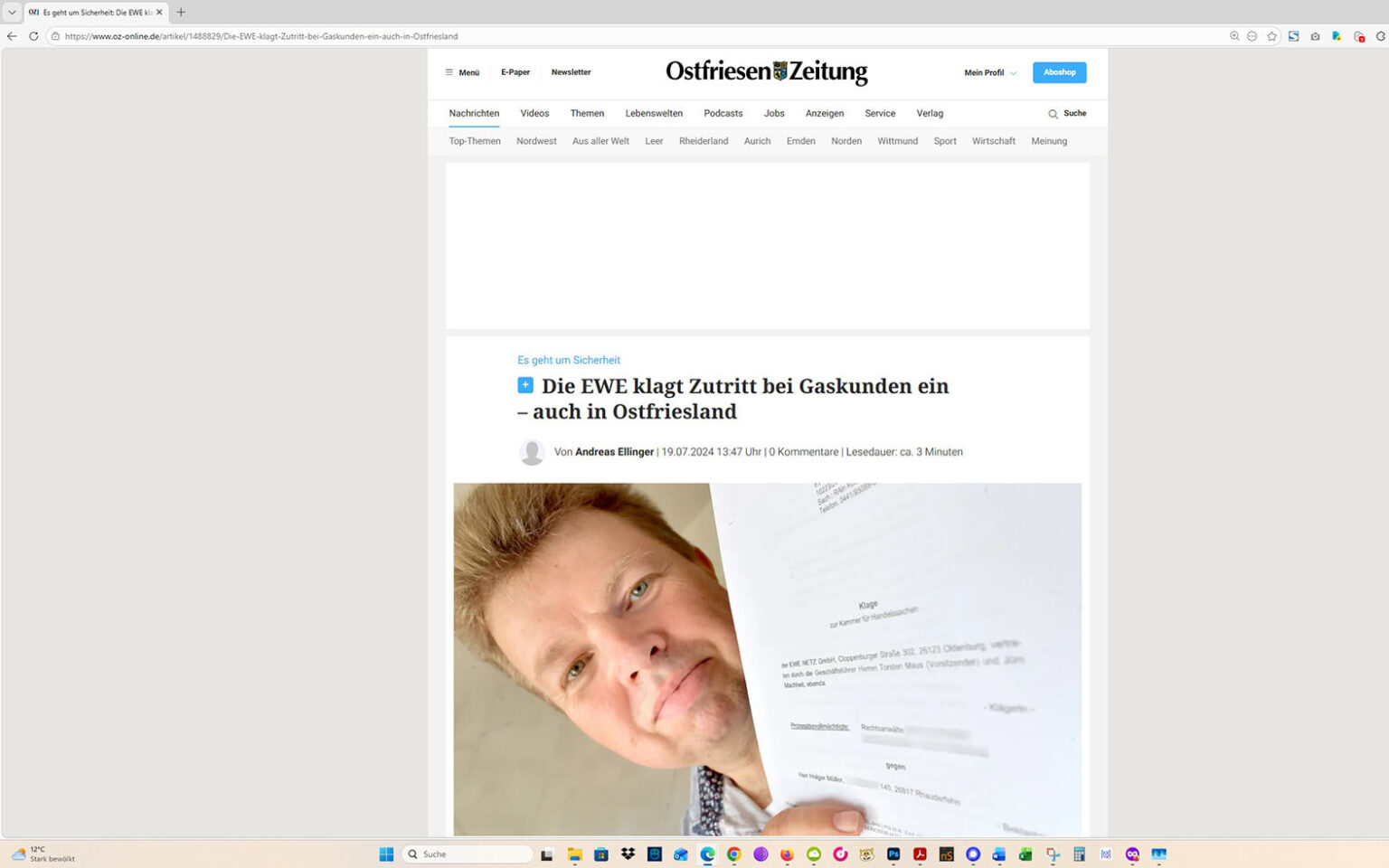 Der Artikel auf der Homepage der Ostfriesen-Zeitung. Screenshot: ewe-recherche.de